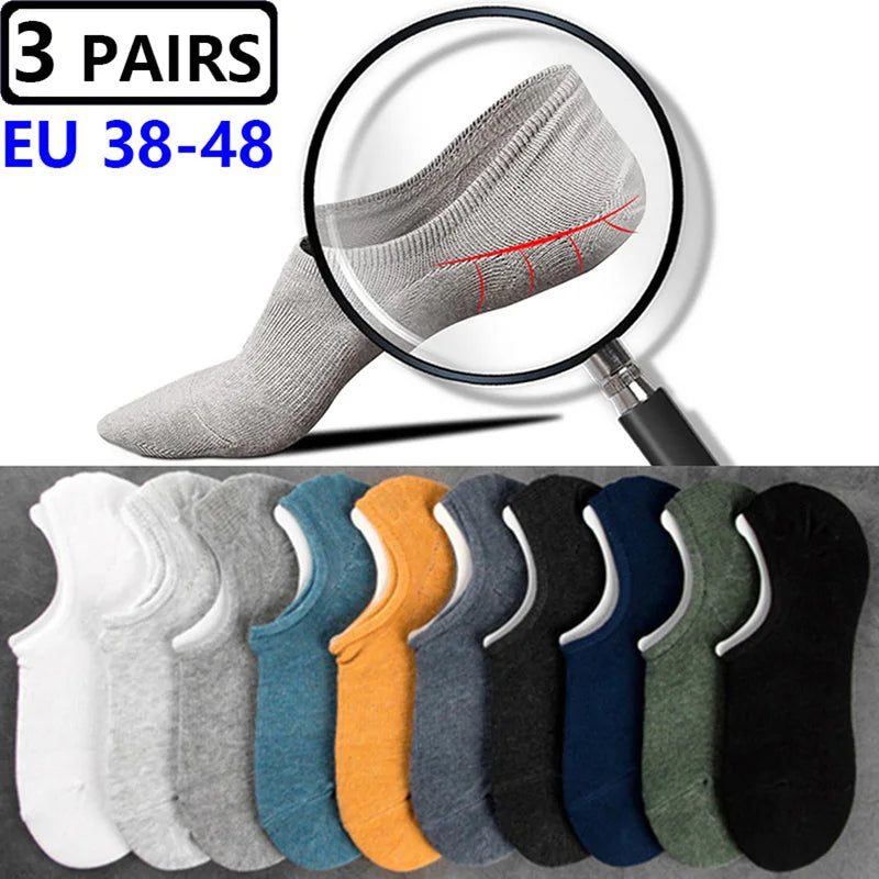 3 Pairs/Lot Plus Size EU47,48 Mens Low Cut Cotton Invisible Socks Silicone Non-slip Summer Autumn Comfort Black White Boat Socks