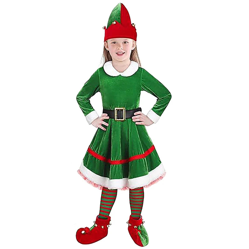Enfant Christmas Elf Costume Set Velvet Dress Belt Striped High Socks Hat Shoes Xmas Outfit Santa Helper Fancy Dresses 2026