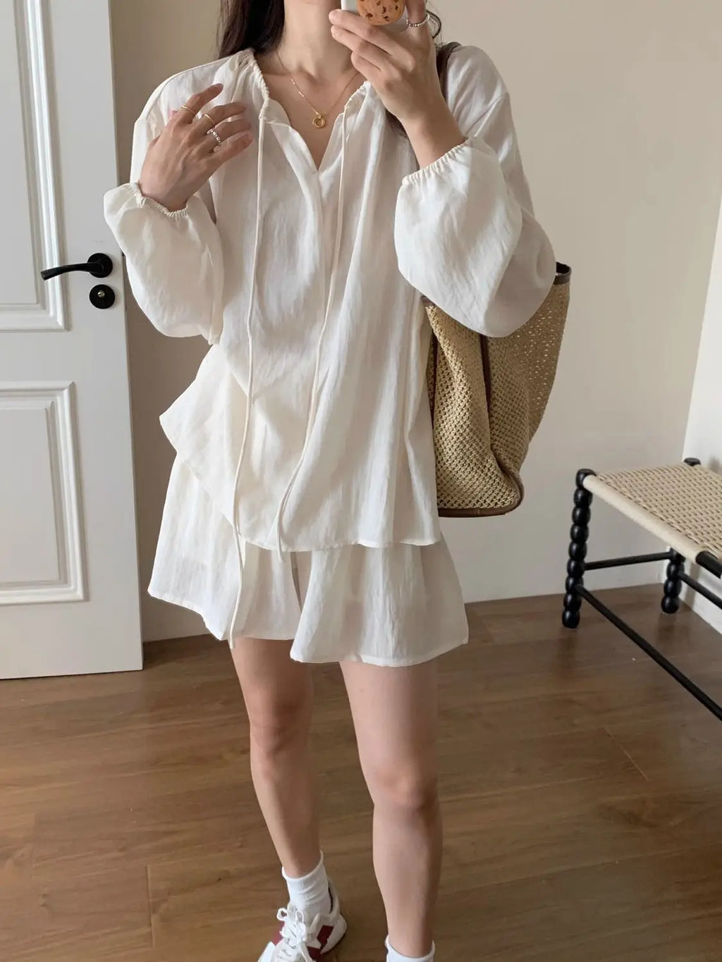 Plus-size Fashionable and Casual Women's Summer Outfit for Plus-size Loose Sunscreen Long-sleeved Top with Shorts Two-piece Set