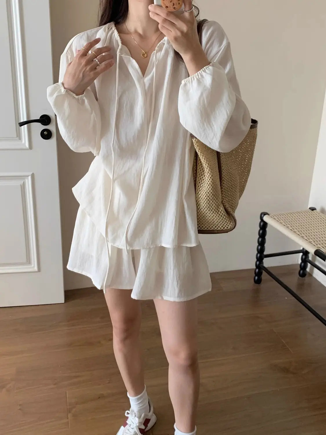 Plus-size Fashionable and Casual Women's Summer Outfit for Plus-size Loose Sunscreen Long-sleeved Top with Shorts Two-piece Set