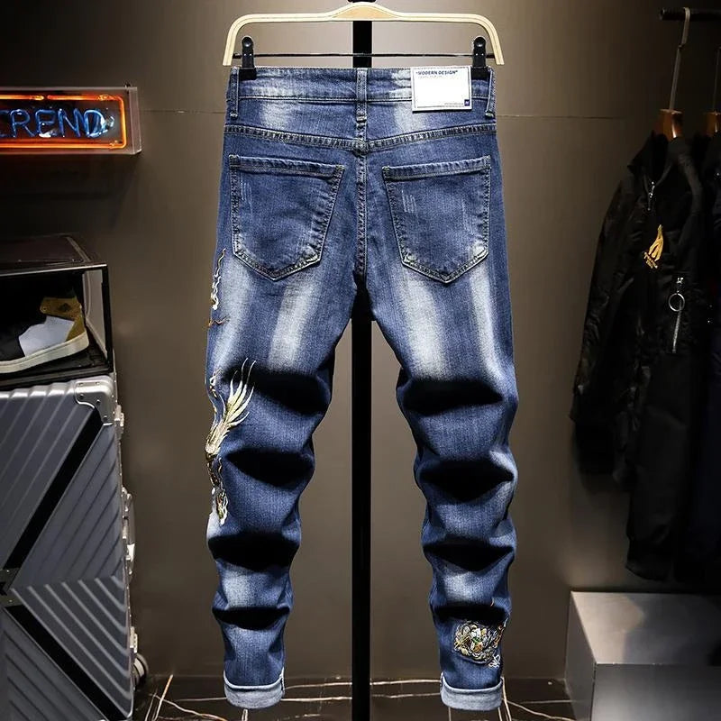 Jean imprimé homme 90s – Coupe ample streetwear noir ou bleu