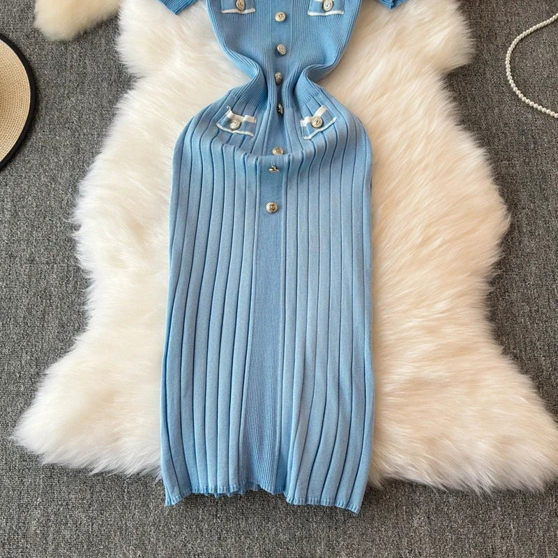 Elegant Knitted Long Dress Women Summer V Neck Single Breatsed Short Sleelve Bodycon Dresses Fashion Party Office Lady Vestidos