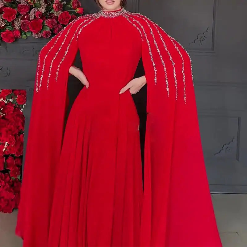 Women Robe Dress Hot Drills Long Shawl Sleeves Chiffon Party Middle East Big Swing Lady Elegant Banquet New Maxi Clothing