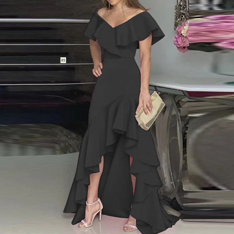 New Sexy V Neck Ruffles Party Dress Femme Elegant Summer Fashion Solid Sleeveless Slim Irregular Maxi Dresses For Women Robe