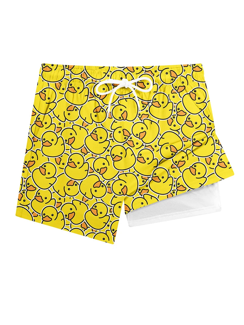 3D Print 2 in 1 Mens Swim Trunks Summer Quick Dry Beach Shorts with Phone Pocket Swimwear Swimsuit Bathing Suit  Board Shorts