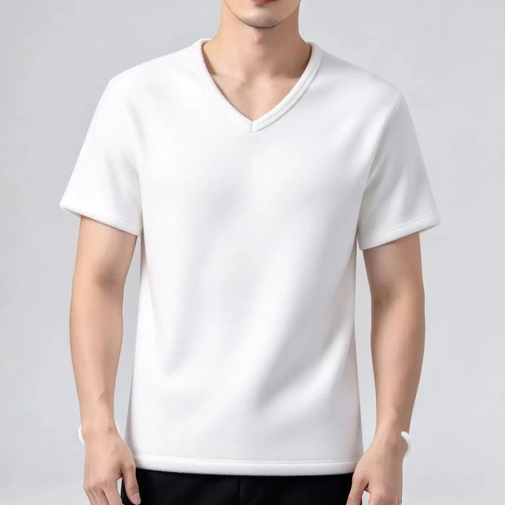 Men Thermal Velvet Shirt Short Sleeve V-Neck Base Shirt Autumn/Winter Thickened Warm Underwear Fleece Lined Slim Half Sleeve Top