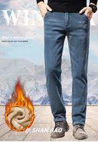 2025 Winter New Men's Fleece Thickened Jeans Retro Blue Hot Straight Casual Pants Stretch Premium Velvet Warm Denim Pants