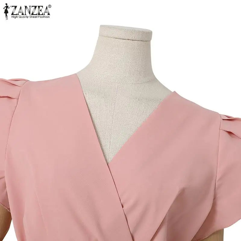Women Fashion OL Work Sundress ZANZEA Elegant Summer Short Sleeve Dress Casual Solid A Line Vestido Kaftan Sarafans Robe Femme