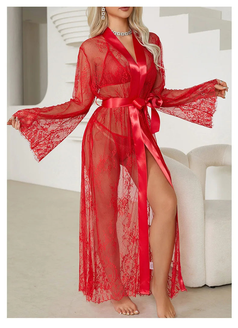 Women's Sheer Lace Robe Sexy See Through Nightgown with Jacquard Lace Floral Trim Satin Lounge Dress for Kimono Robe Home Wear