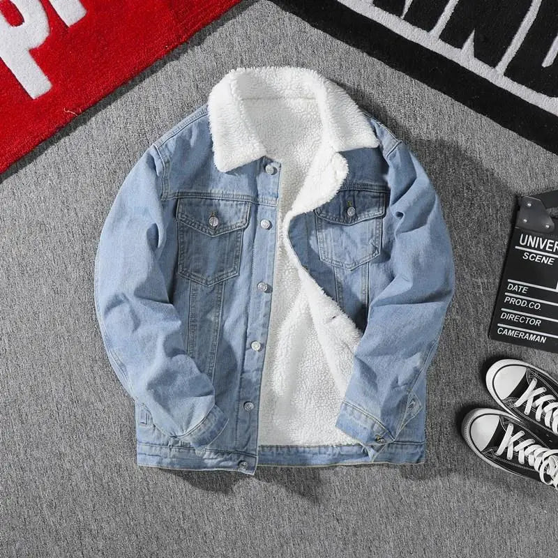 Men's Denim Jacket Autumn Winter Thickened Fleece Collar Cotton Jacket Loose Fit Warm Korean Style Lamb Velvet Lined Coat