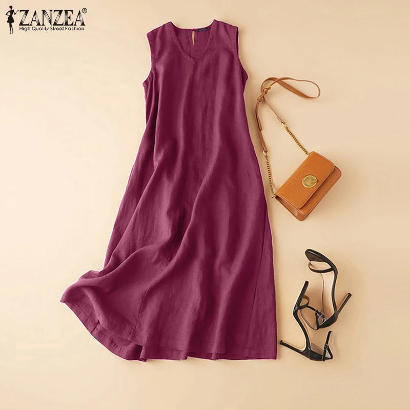 ZANZEA Plus Size Cotton Sleeveless Dresses 2025 Summer Womens Casual V Neck Solid Sundress Loose Vestidos Vintage Robes Femme