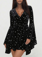 Women's Velvet V-neck Star & Moon  Bell Sleeve Dress