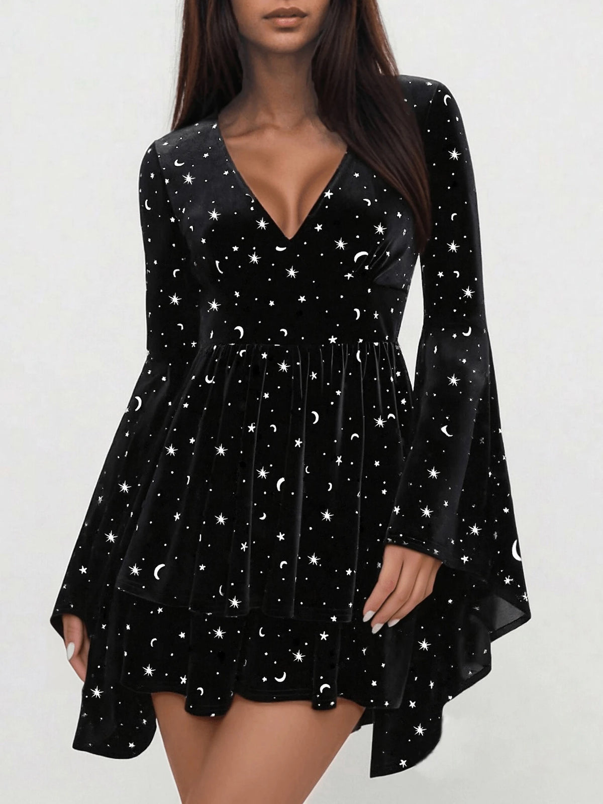 Women's Velvet V-neck Star & Moon  Bell Sleeve Dress