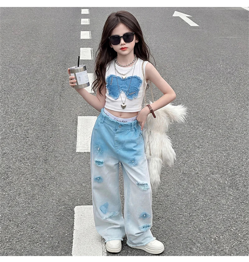 Teenage Girls Clothing Sets Hot Deals Bow Crop Top+Hole Wide Leg Jeans with Butterfly 2Pcs Fashion Gradient Child Clothes Suits