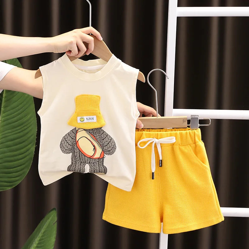 Korean Children Summer Sets Girl Boy Sleeveless Vest Shorts Suit Child Clothing Fashion Outfits Kids Costume