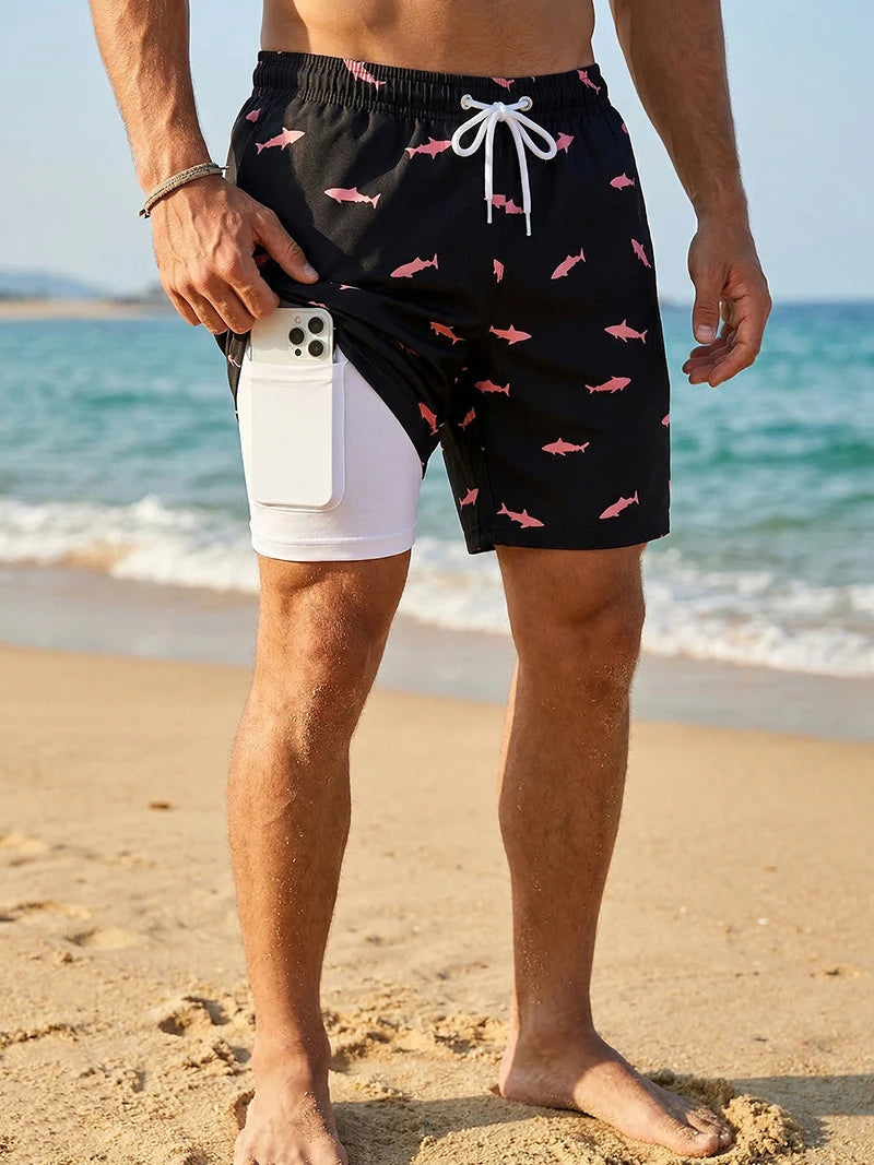3D Print 2 in 1 Mens Swim Trunks Summer Quick Dry Beach Shorts with Phone Pocket Swimwear Swimsuit Bathing Suit  Board Shorts