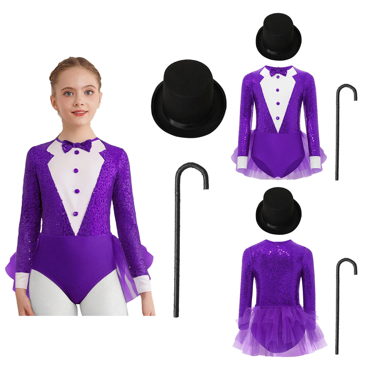 Kids Girls Majorette Leotards Showman Jazz Dance Costume Magician Outfit Tuxedos Bodysuit with Hat And Crutch Sequins Leotard