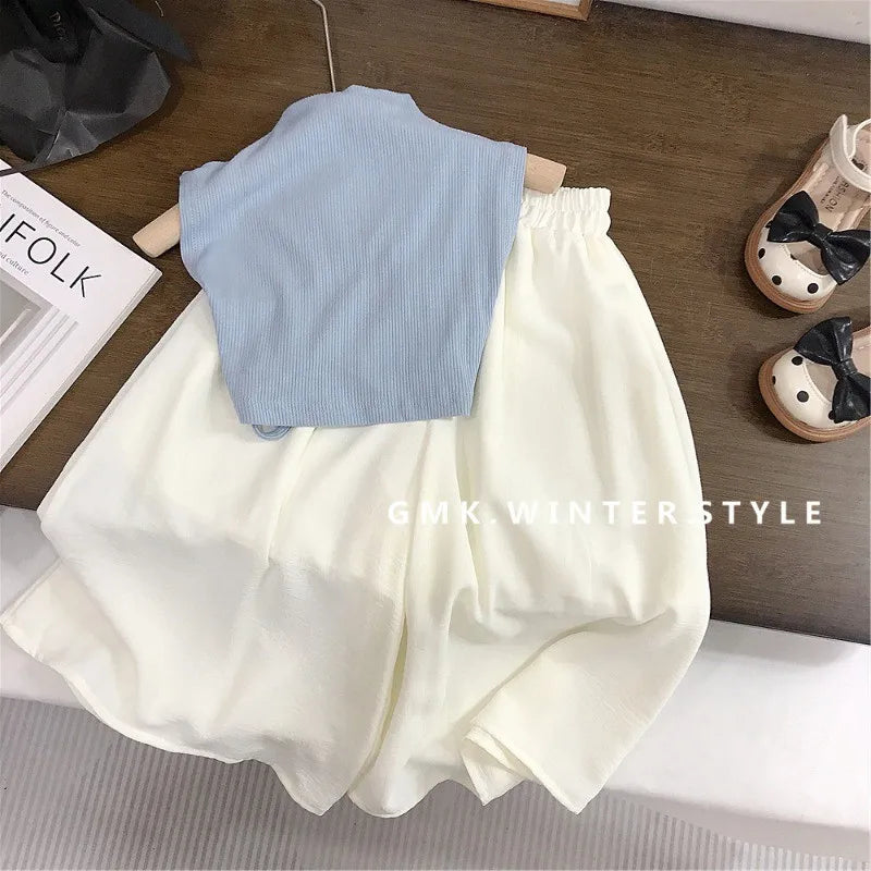 Children's Clothing sets 2-7 Years Backless Sleeveless T-Shirt & White Wide Leg Pants Summer Outfit Toddler Infant Clothing Set