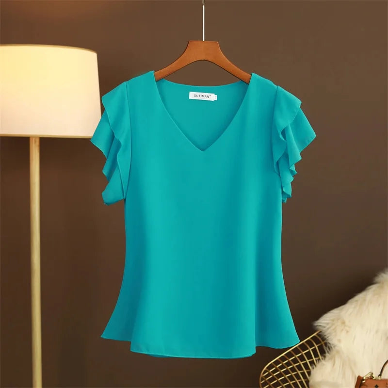 2026 Fashion Summer Dress Women Blouse Top New Short Sleeved V-neck Chiffon T-shirt Women's Loose and Versatile Small Shirt