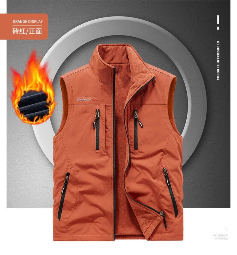 Men's Thickened Double-Sided Fleece Vest for Outdoor Sports Warm Comfortable Fleece Jacket Attached Multipurpose Vest