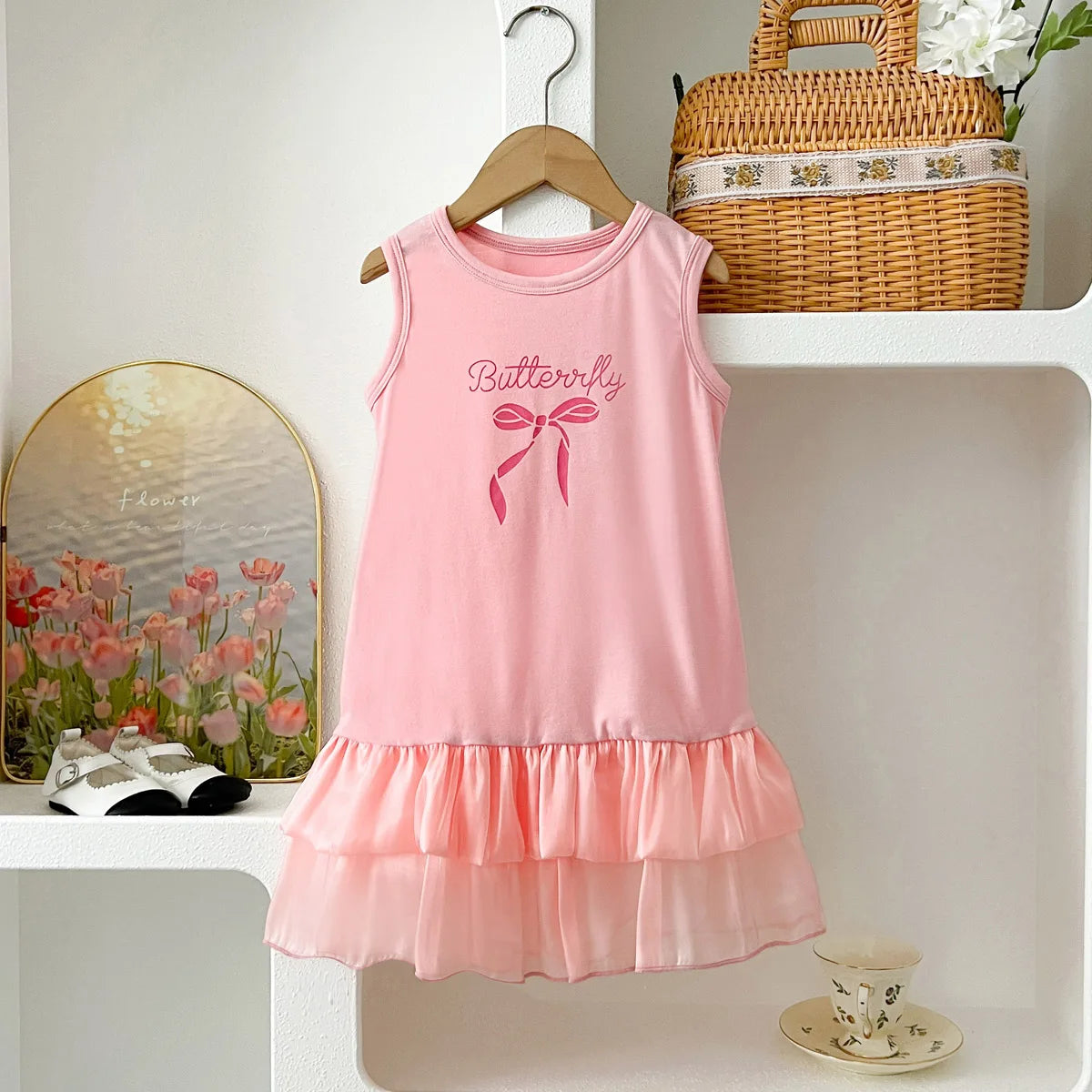 Kids Dresses for Girls Summer Casual Bow Print Vest Skirt  Children's Clothes Girl Clothes