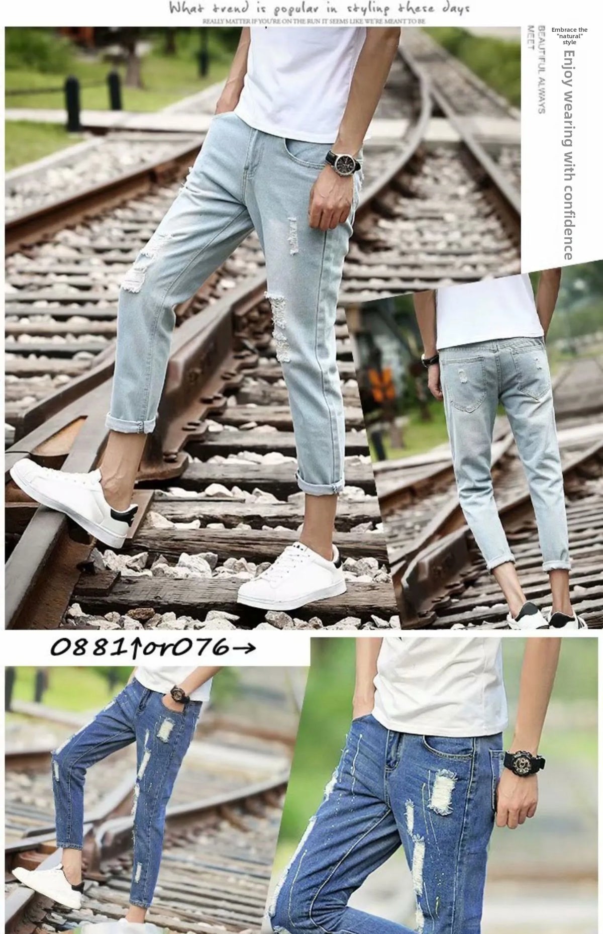 Men's Summer Thin Loose Straight Leg Jeans Casual Nine Point Ankle-Length Torn Elastic Cotton Denim Youth Fashion Wear