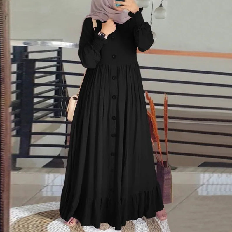 Retro Loose Large Round Neck Ruffle Dress, Arab Robe, Cotton and Hemp Art, Muslim Luxury Fashion, Spring and Autumn, New