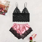 2025 Summer 2 Pcs Women's New Sexy Lace See-Through Pajamas Black
