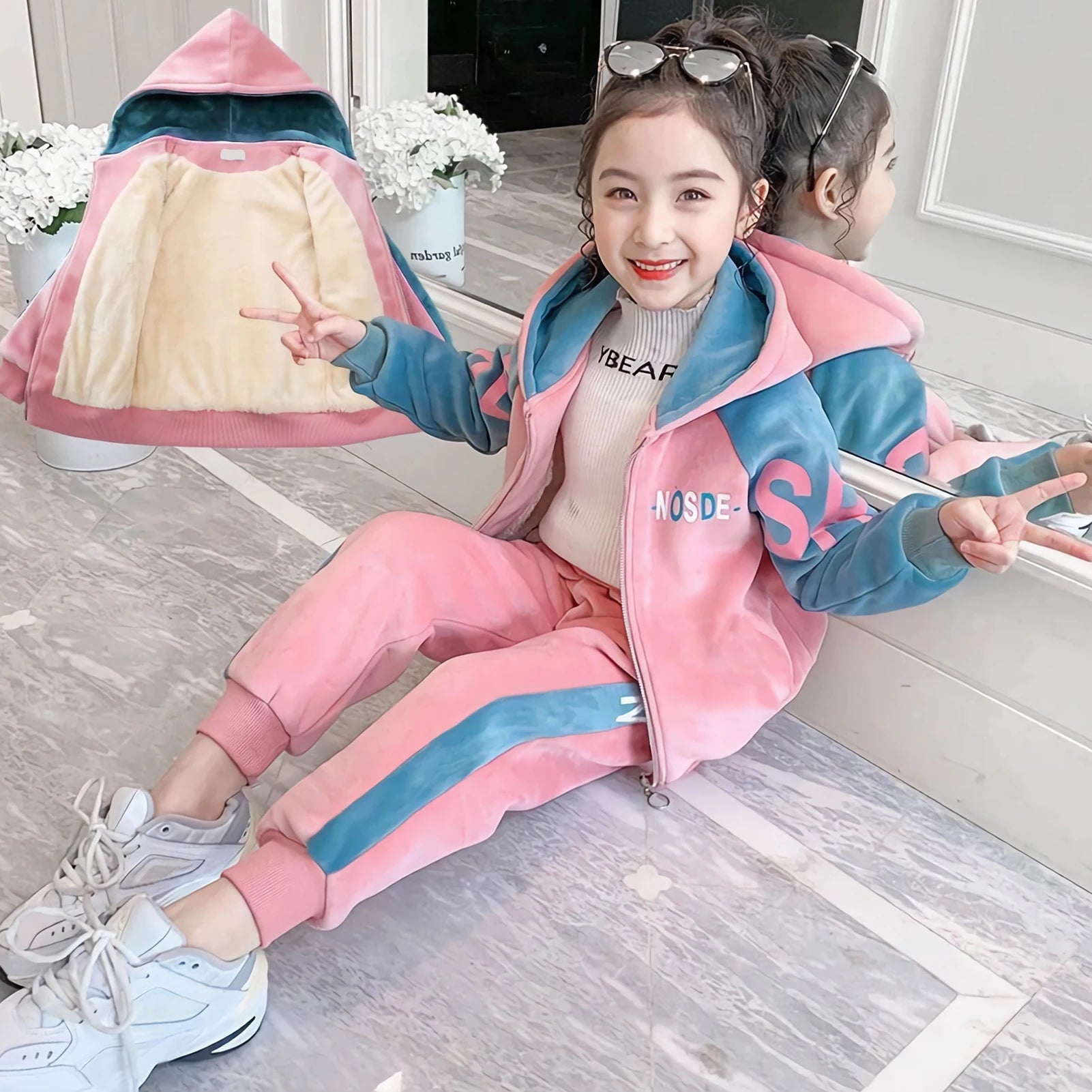 Kids Velvet Tracksuits,Cotton Jogging Suits,2-Piece Hooded Long Sleeve Sweatshirt + Pants Set,Girls Jacket,Casual Sports Wear