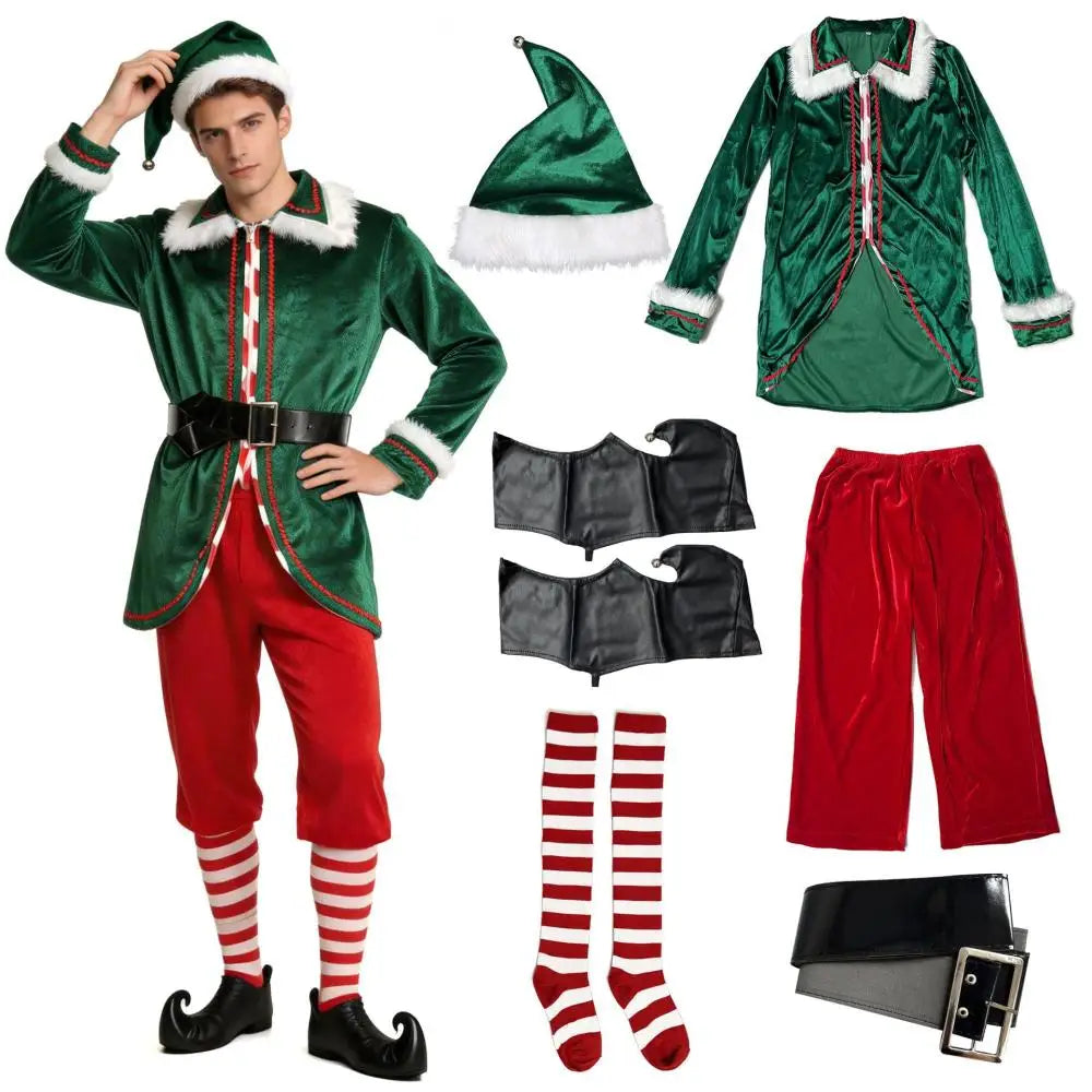 Christmas Elf Costume for Adults Men Women Couple Green Velvet Dress Suit Belt Hat Striped Stockings Xmas Party Cosplaywear