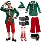 Christmas Elf Costume for Adults Men Women Couple Green Velvet Dress Suit Belt Hat Striped Stockings Xmas Party Cosplaywear
