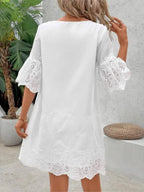 Fashion Casual Lace V-neck Short Sleeve Dress New Hollow Out Elegant Casual White Office Holiday Party Dresses Robe Femme Summer