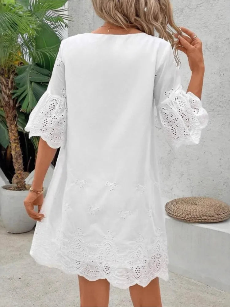Fashion Casual Lace V-neck Short Sleeve Dress New Hollow Out Elegant Casual White Office Holiday Party Dresses Robe Femme Summer