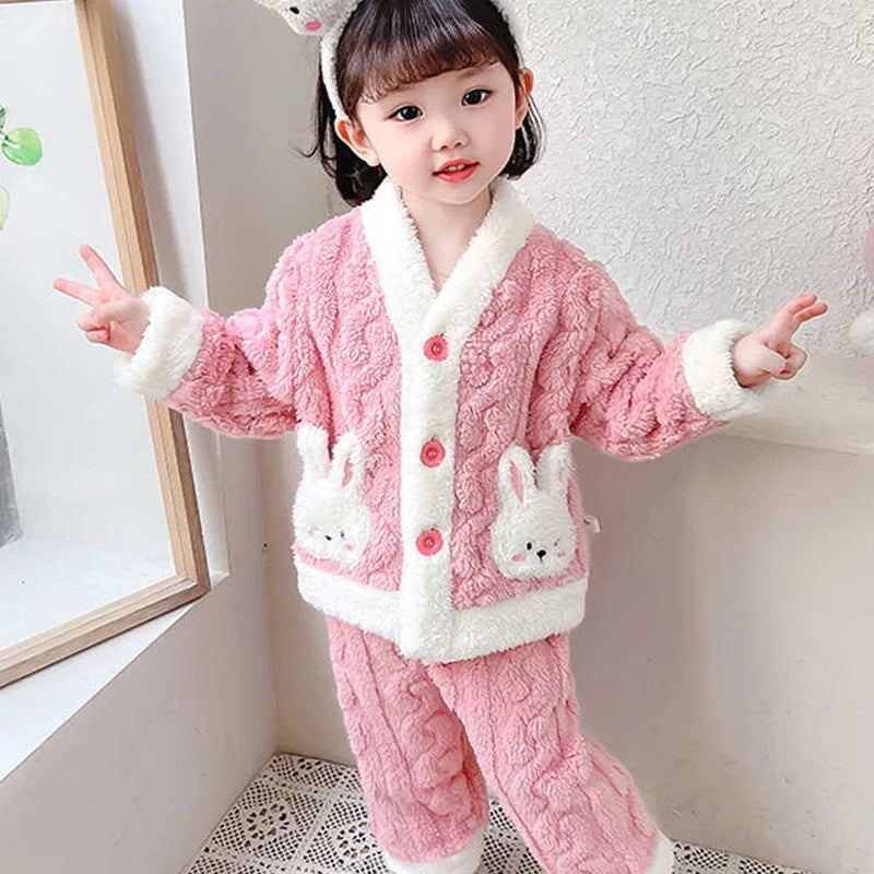 Pyjama Fille Flanelle Motif Lapin – Chaud Kawaii Automne Hiver 90-130cm