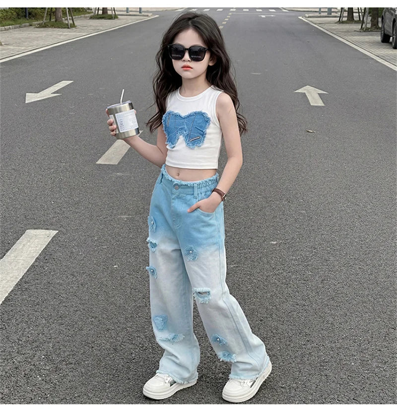 Teenage Girls Clothing Sets Hot Deals Bow Crop Top+Hole Wide Leg Jeans with Butterfly 2Pcs Fashion Gradient Child Clothes Suits