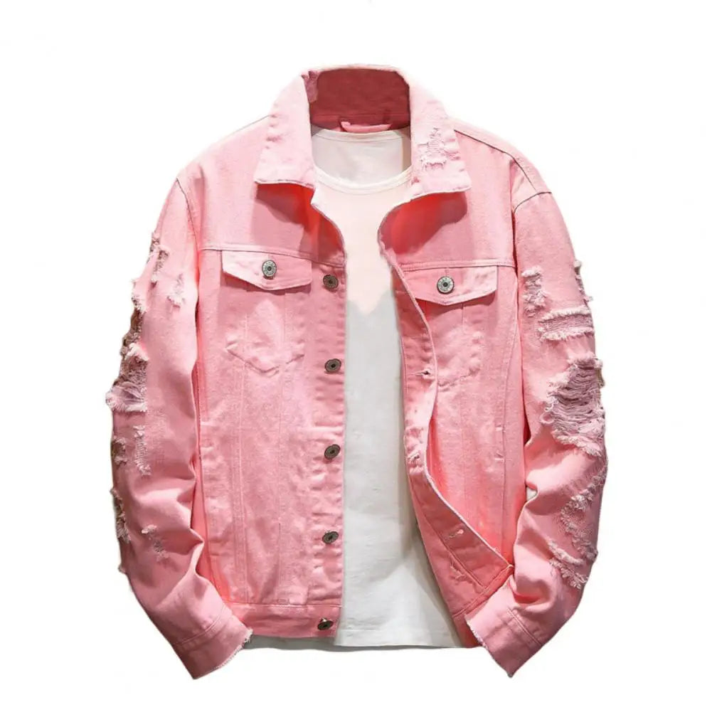 Veste Jean Homme Troue – Manteau Denim Ample Col Revers Streetwear Automne Hiver