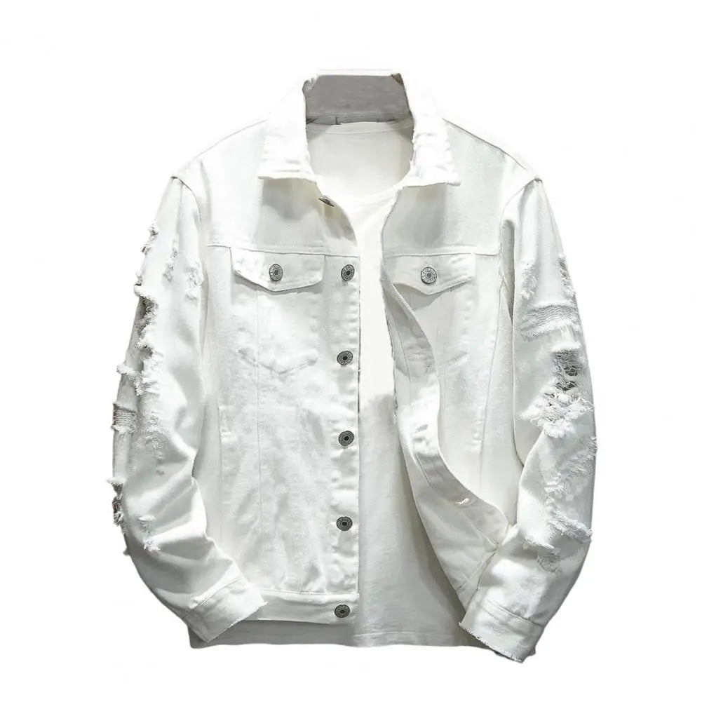 Veste Jean Homme Troue – Manteau Denim Ample Col Revers Streetwear Automne Hiver
