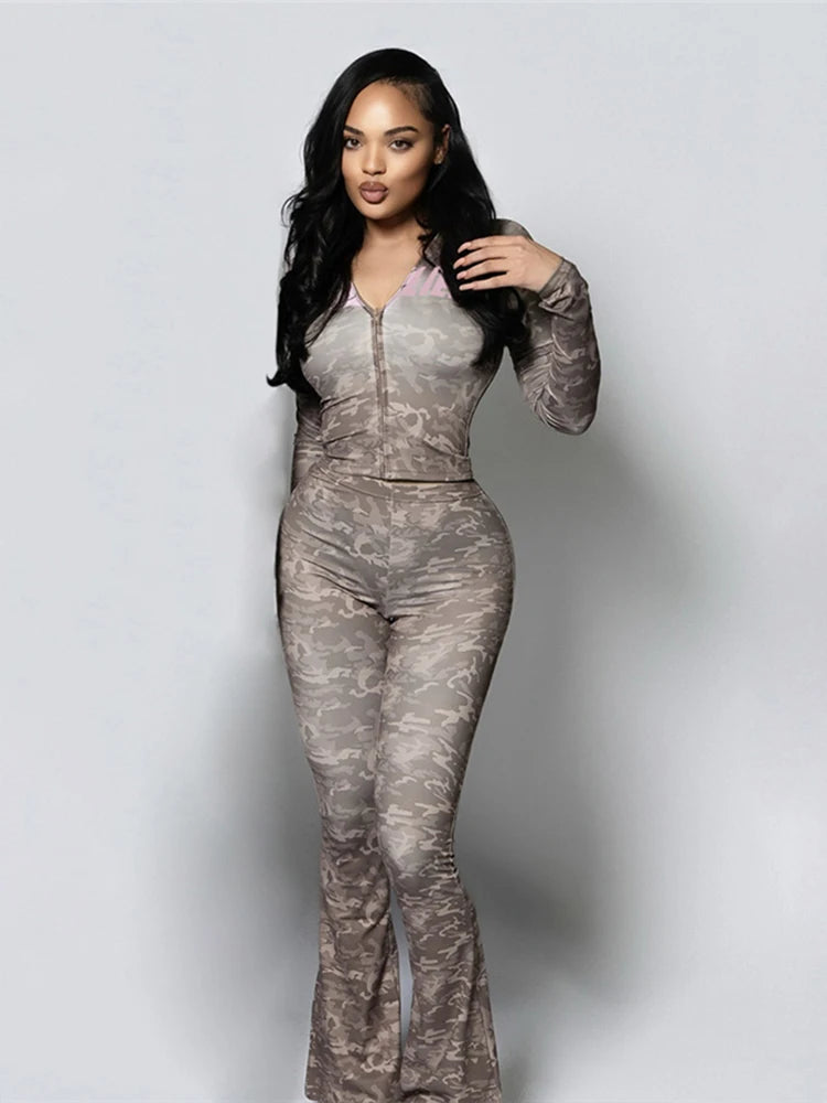 SiSterlinda Hooded 2 Piece Set Women Letter Leopard Zip Jacket+Flare Pants Casual Matching Stretch Sporty Streetwear Tracksuit