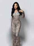 SiSterlinda Hooded 2 Piece Set Women Letter Leopard Zip Jacket+Flare Pants Casual Matching Stretch Sporty Streetwear Tracksuit