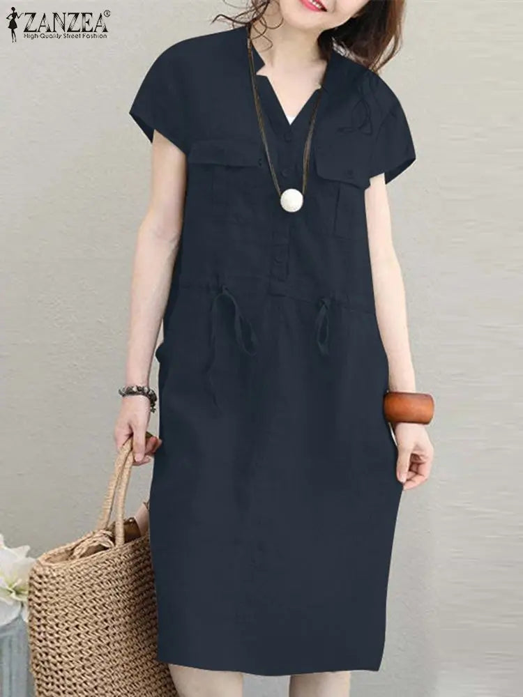 Summer Fashion Short Sleeve Dress ZANZEA Women Casual Drawstring Waist Vestidos Knee-length Robe Femme Elegant OL Work Sundress