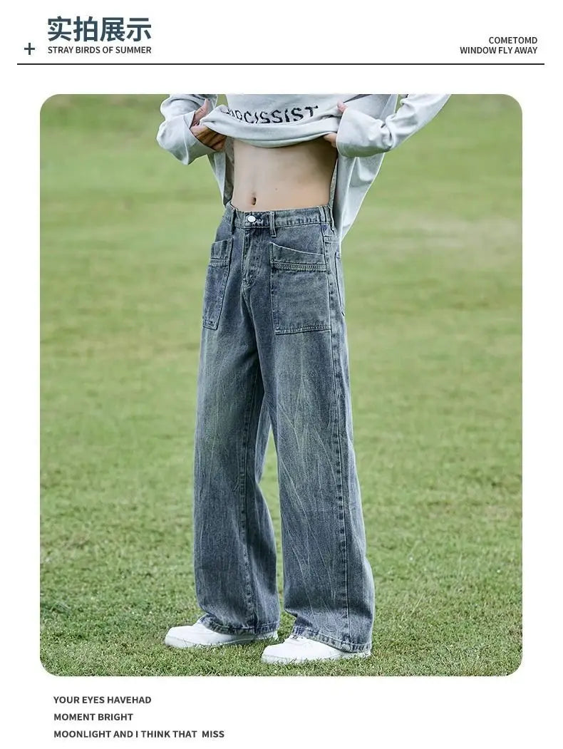 Retro Washed Cracked Jeans Men's Trendy Brand Ruffian Handsome High Street Pants Loose Straight Trousers Baggy Jeans for Man