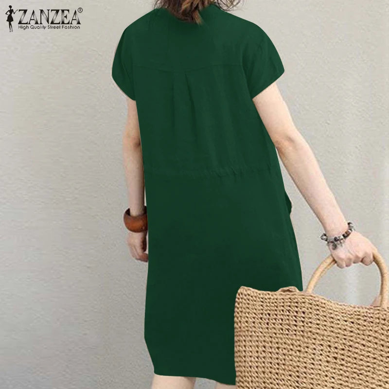 Summer Fashion Short Sleeve Dress ZANZEA Women Casual Drawstring Waist Vestidos Knee-length Robe Femme Elegant OL Work Sundress