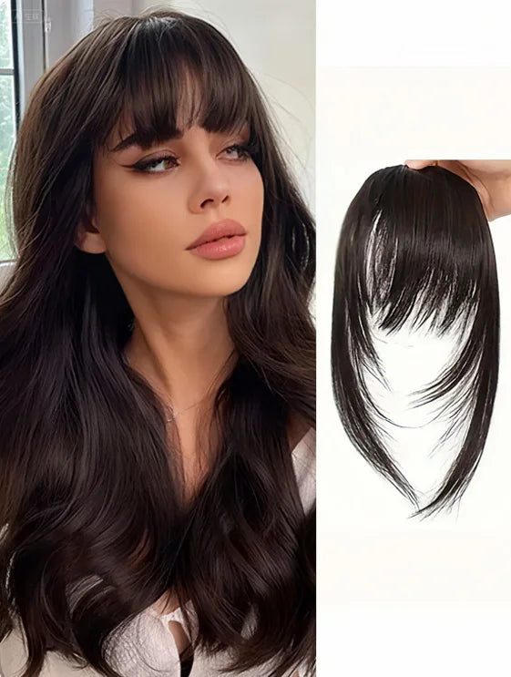 Synthetic Hair Clip-In Bangs Cut Wispy Fringe with Sideburns Dark Brown Natural Look for Women Daily Party Wear