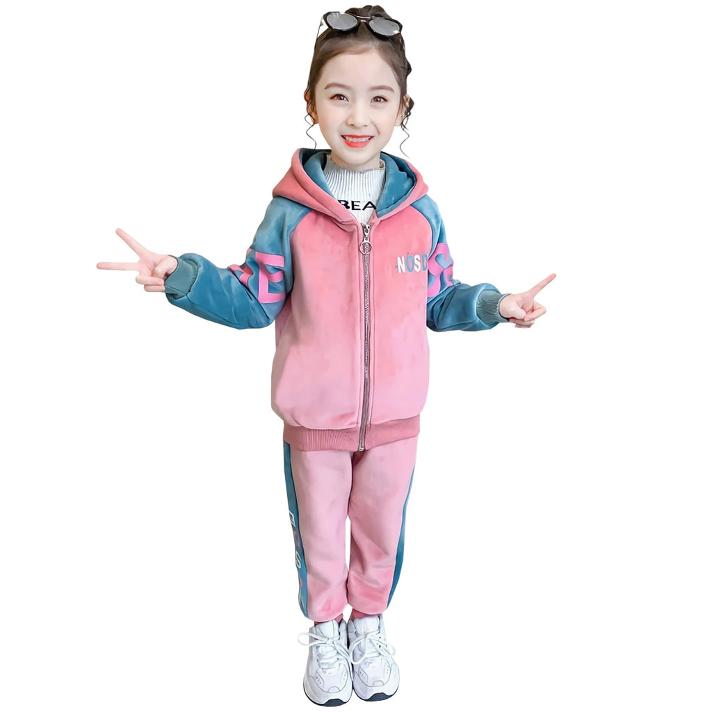 Kids Velvet Tracksuits,Cotton Jogging Suits,2-Piece Hooded Long Sleeve Sweatshirt + Pants Set,Girls Jacket,Casual Sports Wear