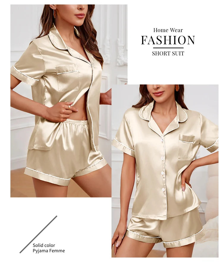 Elegant Satin Solid Pajamas Set Short Sleeve Lapel Buttons Top And Shorts Breathable Fabric Skin-Friendly Fit Women's Sleepwear