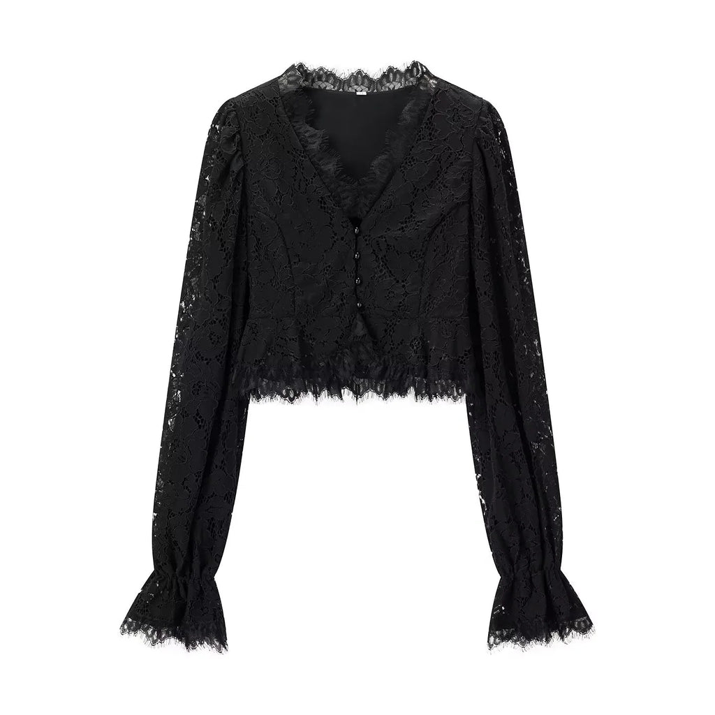 Elegant Solid Lace Ruffles Maxi Skirt Set Women Vintage Single Breasted Flared Sleeve V-neck Slim Blouse Suit Lady Party Outfits