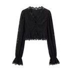 Elegant Solid Lace Ruffles Maxi Skirt Set Women Vintage Single Breasted Flared Sleeve V-neck Slim Blouse Suit Lady Party Outfits