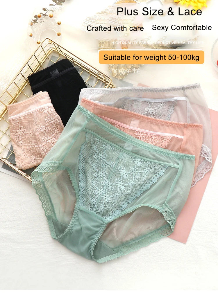 Women Transparent Lace Panties Large Sizes with High Waist Summer Sexy Mesh Hollow Out Briefs Women's Underwear Plus Size