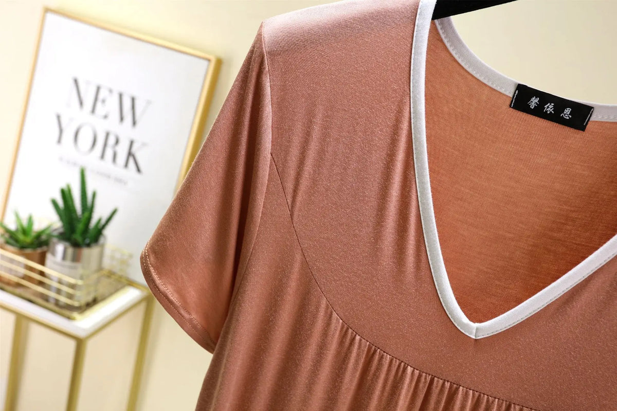 Plus size L to 6XL Modal V-Neck sleepdress summer women Loose homewear dress solid color casual long nightdress comfort homewear