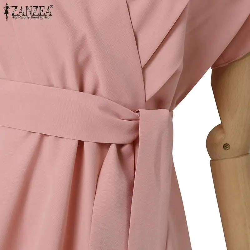 Women Fashion OL Work Sundress ZANZEA Elegant Summer Short Sleeve Dress Casual Solid A Line Vestido Kaftan Sarafans Robe Femme